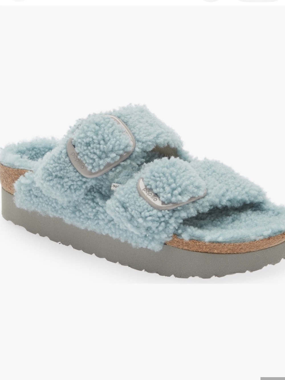 Papillio Birkenstock Arizona Big Buckle Blue Shearling Platform Slide Sandal-40 - Picture 7 of 13